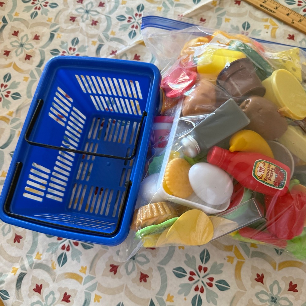 Walmart Blue Mini Shopping Basket and Large Assorted Pretend Play Food Set